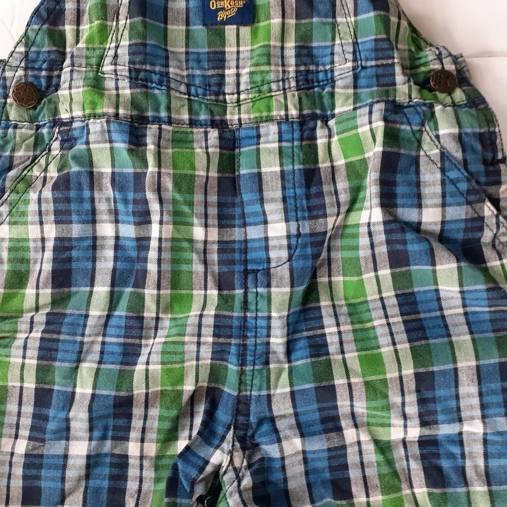 Oshkosh Boys Overall Shorts Green Blue Plaid Shoralls 18 Months